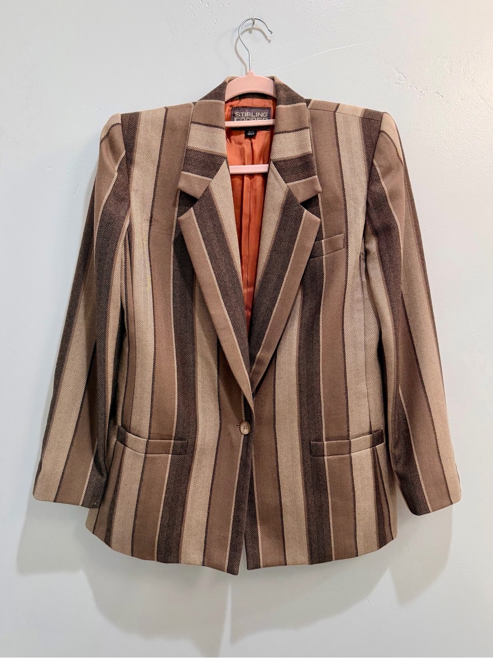 Vintage 90s Stirling Cooper London NY 100% Wool Striped Herringbone Blazer Brown - Picture 3 of 13